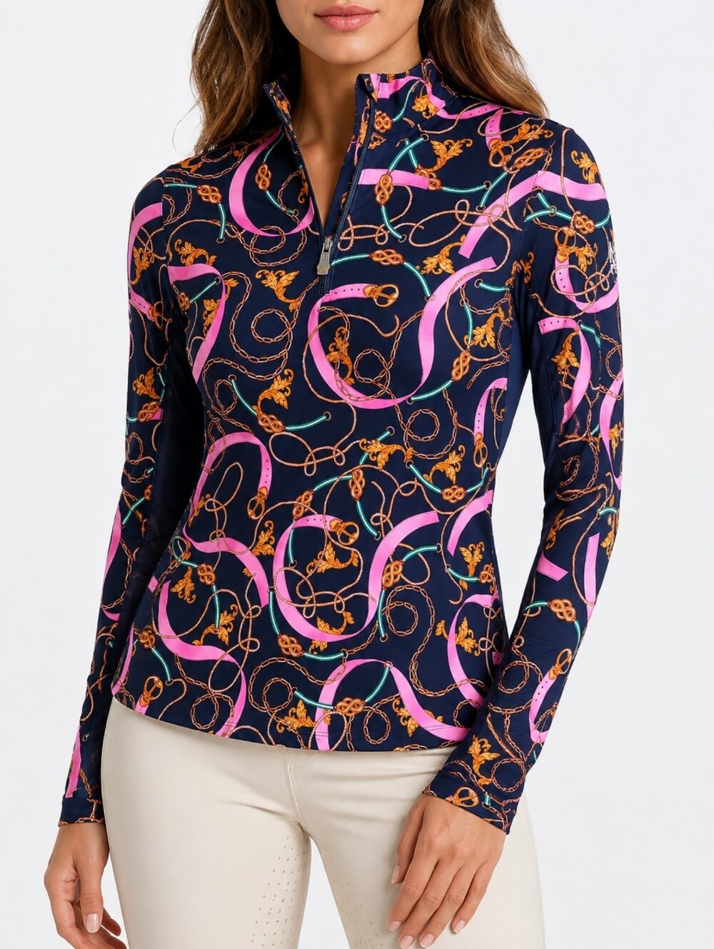 Kastel Denmark Equestrian Horsebit Chain Print 1/4 Zip Performance Top M